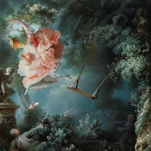 May include: A woman in a pink dress swings on a rope swing in a lush green forest. A man lies on the ground below, while two cherubs watch from a stone ledge.