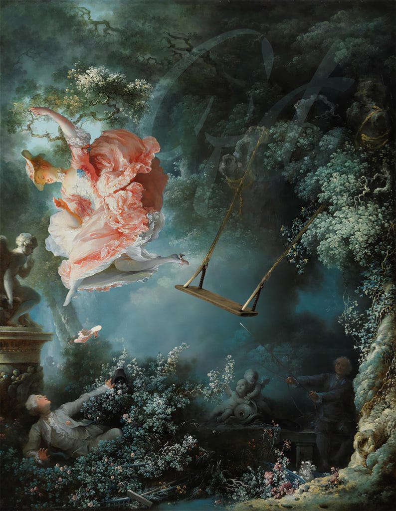 May include: A woman in a pink dress swings on a rope swing in a lush green forest. A man lies on the ground below, while two cherubs watch from a stone ledge.