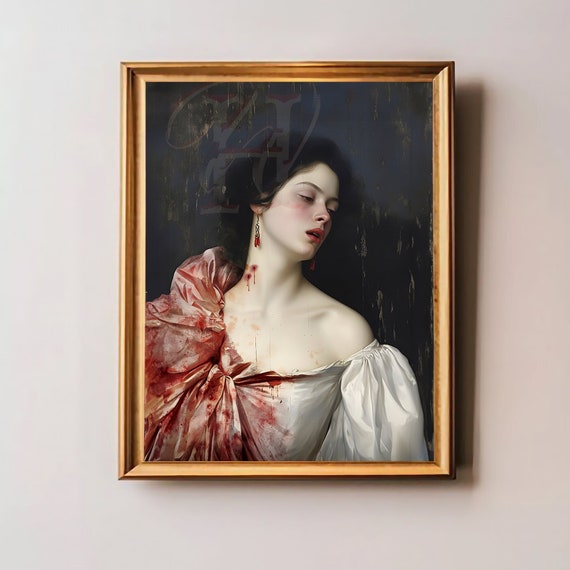 Victorian Vampire Art Print, Bloodstained Devotion, Dark Academia Halloween Decor