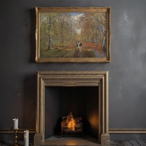 May include: A painting of a forest scene with a path leading through the trees. The trees are in autumn colors, with red, orange, and yellow leaves. There are people and animals in the distance.