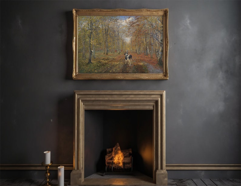 May include: A painting of a forest scene with a path leading through the trees. The trees are in autumn colors, with red, orange, and yellow leaves. There are people and animals in the distance.