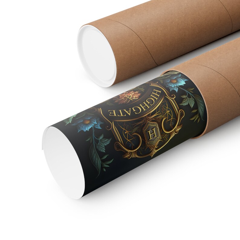 May include: A rolled-up poster with a dark background and gold accents. The poster features a floral design with a crest that says "HIGHGATE" and a letter "H" inside. The poster is being rolled up inside a brown cardboard tube.