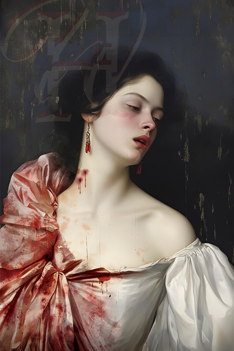 Victorian Vampire Art Print, Bloodstained Devotion, Dark Academia Halloween Decor 30x40 inches