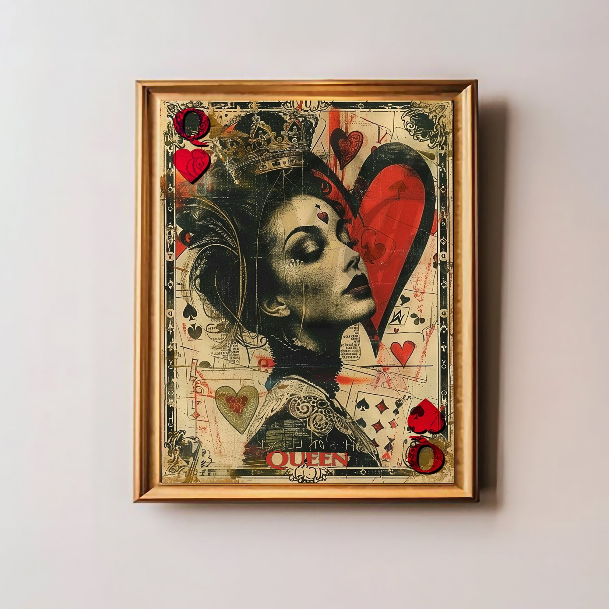 Queen of Hearts Art Red and Black Retro Playing Card Wall Art