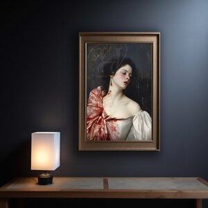 May include: A framed painting of a woman with dark hair and a white dress. She is wearing a red and white shawl and has blood on her neck and dress. The painting is set against a dark background.