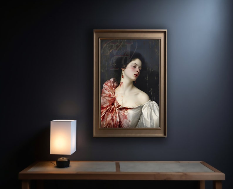 May include: A framed painting of a woman with dark hair and a white dress. She is wearing a red and white shawl and has blood on her neck and dress. The painting is set against a dark background.