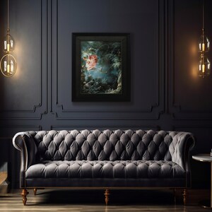 May include: A dark gray tufted sofa with wooden legs in a room with dark gray walls and a framed painting of a woman in a pink dress flying through a forest.