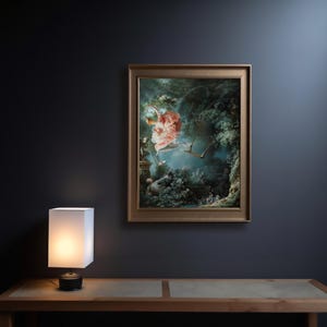 May include: A framed painting of a woman in a pink dress flying through the air with birds in a green and blue landscape.