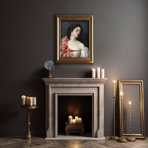 May include: A painting of a woman with a red scarf draped over her shoulders, set against a dark background. The painting is framed in gold and hangs above a fireplace with candles and a skull on a stand.