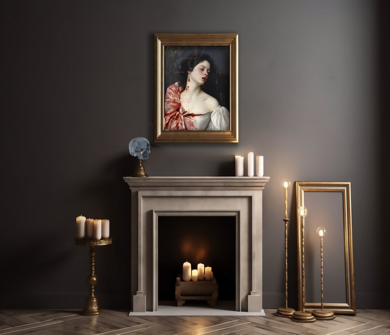 May include: A painting of a woman with a red scarf draped over her shoulders, set against a dark background. The painting is framed in gold and hangs above a fireplace with candles and a skull on a stand.