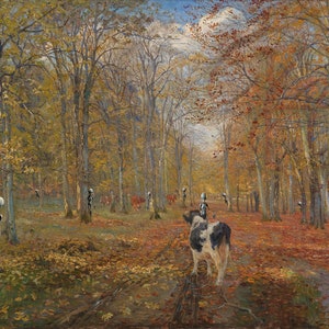May include: A painting of a forest scene with a cow in the foreground. The trees are mostly bare and the ground is covered in fallen leaves. There are several figures in the background, which appear to be skeletons.