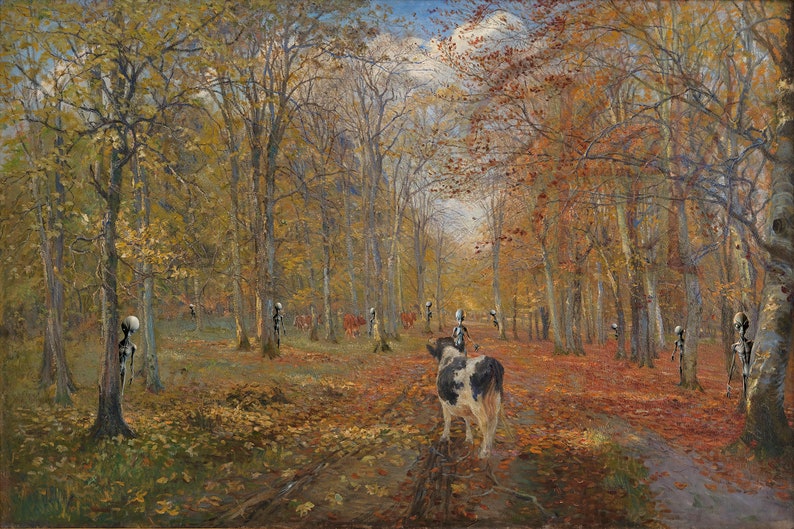 May include: A painting of a forest scene with a cow in the foreground. The trees are mostly bare and the ground is covered in fallen leaves. There are several figures in the background, which appear to be skeletons.