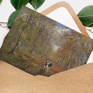 May include: A painting of a forest scene with a group of people walking through the trees. The trees are mostly bare, with some leaves still on them. The people are dressed in 19th-century clothing. The painting is done in a realistic style.