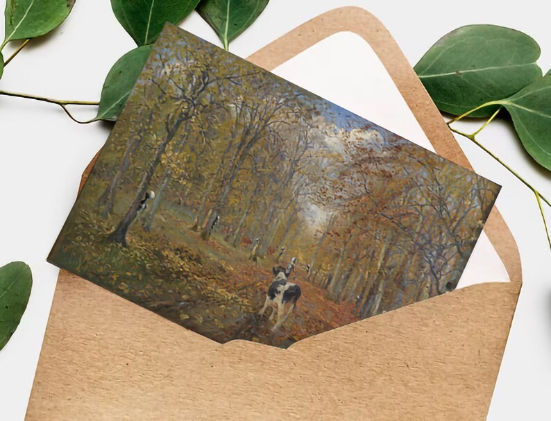 May include: A painting of a forest scene with a group of people walking through the trees. The trees are mostly bare, with some leaves still on them. The people are dressed in 19th-century clothing. The painting is done in a realistic style.