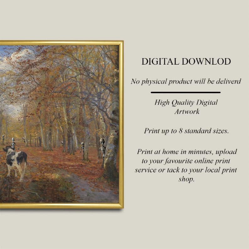 May include: A digital download of a painting depicting a forest path with autumn leaves. Skeletons are walking along the path, and a cow and calf are in the foreground. The text "DIGITAL DOWNLOD" is at the top of the image, and the text "No physical product will be delivered" is below it.