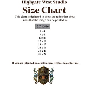 May include: A size chart for prints, showing the different sizes available in a 3:2 ratio. The sizes are listed as width x height, with the smallest size being 6 x 4 inches and the largest size being 36 x 24 inches.