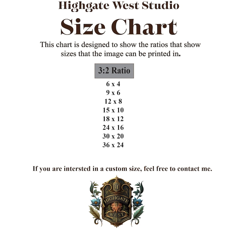 May include: A size chart for prints, showing the different sizes available in a 3:2 ratio. The sizes are listed as width x height, with the smallest size being 6 x 4 inches and the largest size being 36 x 24 inches.