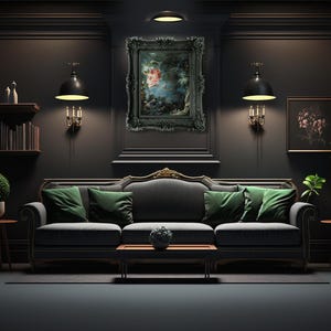 May include: A dark living room with a black sofa, green pillows, and a framed painting on the wall. The room is decorated with plants and lamps.