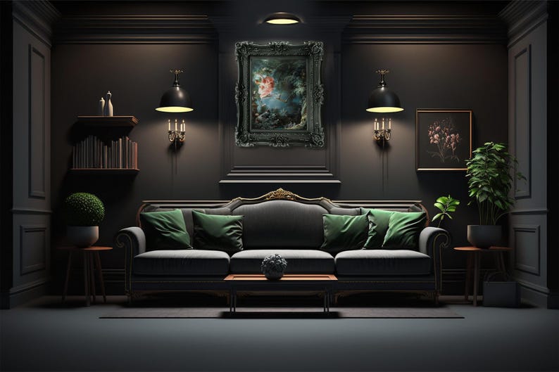 May include: A dark living room with a black sofa, green pillows, and a framed painting on the wall. The room is decorated with plants and lamps.