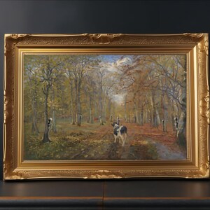 May include: A framed oil painting depicting a forest scene with a cow in the foreground. The trees are mostly bare, with some leaves still clinging to the branches. The sky is a light blue, with some clouds visible. The painting is in a gold frame.