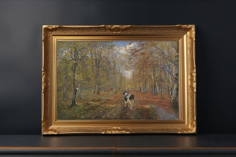 May include: A framed oil painting depicting a forest scene with a cow in the foreground. The trees are mostly bare, with some leaves still clinging to the branches. The sky is a light blue, with some clouds visible. The painting is in a gold frame.