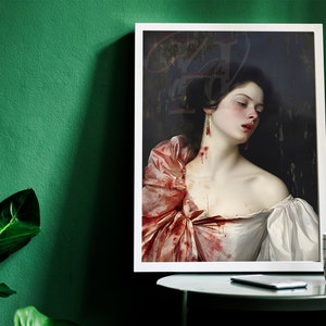 May include: A framed painting of a woman with a red and white dress. The woman has her eyes closed and her head is tilted to the side. There is blood on her neck and dress. The painting is set against a green wall.