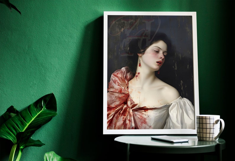 May include: A framed painting of a woman with a red and white dress. The woman has her eyes closed and her head is tilted to the side. There is blood on her neck and dress. The painting is set against a green wall.