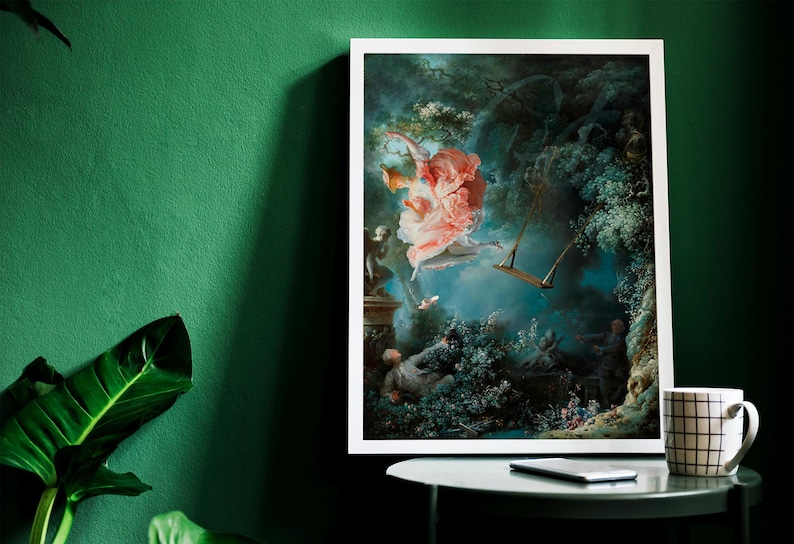 May include: A framed painting of a woman in a pink dress swinging on a rope swing in a lush green forest. The painting is set against a blue sky with white clouds.
