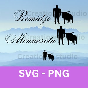 May include: Black and white silhouette design featuring the text "Bemidji Minnesota" with a stylized image of a man and a bull. The design is set against a blue and white gradient background.