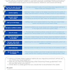 Pode incluir: Um infográfico azul e branco intitulado "Snze Clues" com dicas para dormir melhor. As dicas incluem levantar-se à mesma hora, fazer exercício regularmente e evitar cafeína e álcool. O infográfico foi concebido para promover hábitos de sono saudáveis.