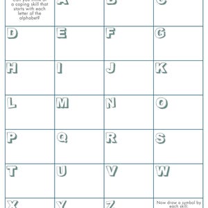 May include: A white worksheet titled "A - Z COPING SKILLS" with a grid of alphabet letters. The worksheet prompts the user to list a coping skill for each letter and includes symbols for rating the skills.