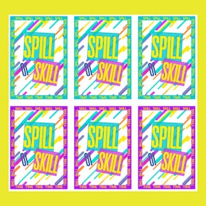 May include: A repeating pattern of six square designs on a yellow background. Each square features the words "SPILL" and "SKILL" in a colorful, retro style. The design includes diagonal lines and a vibrant color palette.