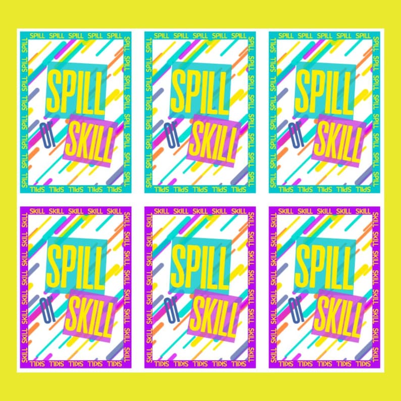 May include: A repeating pattern of six square designs on a yellow background. Each square features the words "SPILL" and "SKILL" in a colorful, retro style. The design includes diagonal lines and a vibrant color palette.