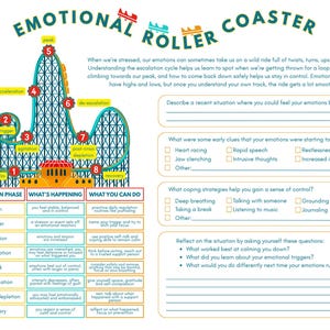 Peut inclure: Un graphique illustré intitulé "Emotional Roller Coaster" représente des étapes émotionnelles avec un manège. Il comprend des invites pour la réflexion sur les déclencheurs émotionnels et les stratégies d'adaptation.