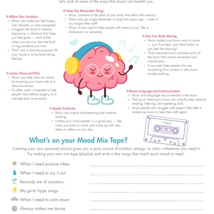 May include: An infographic titled "Mood Mix Tape" detailing the benefits of music on emotions, memory, and creativity. Features a pink brain with headphones and a cassette tape illustration. Includes a section to create a playlist.