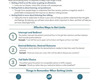 May include: A white document titled "Limit Setting" with bullet points and numbered lists. The document provides guidance on setting limits with patients, including effective strategies and key considerations for healthcare professionals.