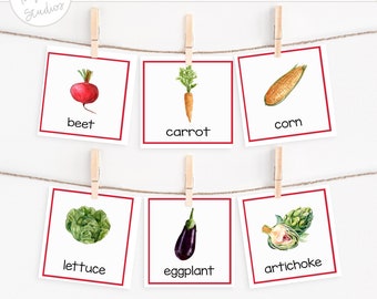 Op de afbeelding: Een set van 24 bedrukbare groentekaarten. Elke kaart toont een aquarel illustratie van een groente, waaronder een biet, wortel, maïs, sla, aubergine en artisjok. De kaarten hangen aan een touwtje met houten knijpers.