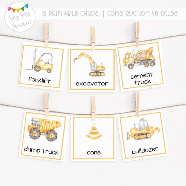 12 Construction Vehicle Flash Cards | Educational Flash Cards | Pre-School | Kindergarten | Montessori | Printable | Instant Download