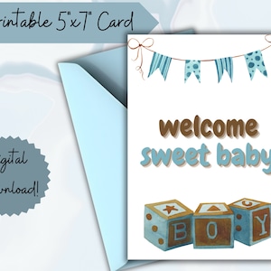 Cartão de boas-vindas para bebê, cartão digital, cartão para impressão, para download, parabéns pelo bebê, cartão de felicitações, bebê menino, é um menino, chá de bebê, menino