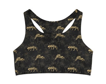 Golden Leopard Elegance: Black and Gold Sports Bra for Unleashing Your Inner Fierce,Active Wear Women, Active Wear, FTM Sports Bra