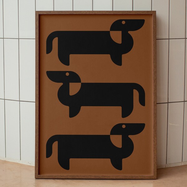 Stampa artistica da parete di bassotto di metà secolo, stampa di cane bassotto, arte di hot dog, stampe di animali domestici, arte di bassotto, arte da parete di cani, regalo per cani bassotti, arte per bambini