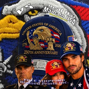 May include: A navy blue baseball cap featuring an embroidered design of a bald eagle, the Statue of Liberty, and the Liberty Bell. The text reads United States of America, 1776, 2026, and 250th Anniversary. The cap is made of 100% cotton.