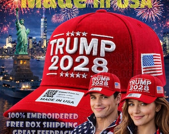 Boné Trump 2028 Vermelho 100% Algodão Fabricado nos EUA Bandeira Tamanho 45-47 Bordado Presente de Aniversário e Aposentadoria do Trump