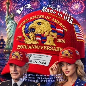 100% Embroidered USA 250th Anniversary Hat Cap Cotton Eagle 1776 2026 Red Veteran Made in USA July 4th Gift V2