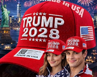 Trump 2028 Hat Cap Red 100% Cotton Made In USA Flag 45- 47 Embroidered Trump Costume Birthday Retirement Gift