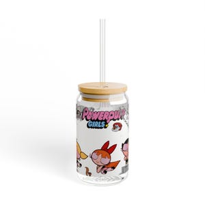 Powerpuff Girls Sipper Glass, 16oz - Fun Drinkware for Kids, Cartoon Themed Cup, Birthday Gift, Party Favors, Reusable Straw