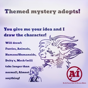 Op de afbeelding: Een paarse afbeelding met tekst die "Thema mystery adopts!" en "Je geeft me je idee en ik teken het personage!" aankondigt. De afbeelding toont een gehoornd wezen en een persoon met een koptelefoon. De tekst somt ook de soorten tekeningen op.
