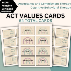 Valori ACT Ordinamento Flash Card (64): Terapia di accettazione e impegno ACT CBT Strumenti per la consapevolezza, Flashcard, Download stampabile