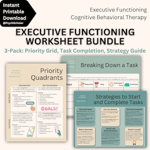 May include: A printable worksheet bundle for executive functioning skills. The bundle includes a priority grid, task completion worksheet, and a strategy guide. The worksheets are designed to help individuals with executive functioning challenges break down tasks, prioritize, and manage their time.