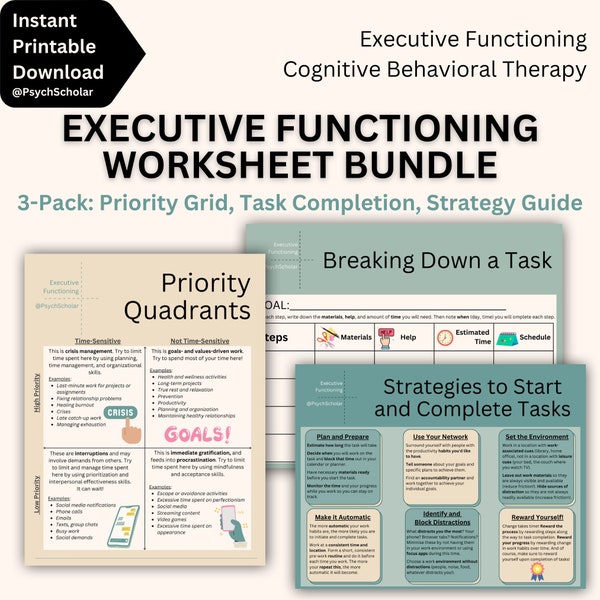 Executive Functioning Worksheet Bundle: ADHD, Autism, EF, Priority Quadrant, Productivity, Habits, Goals, Planning, Time Management, Therapy